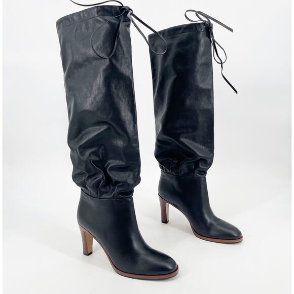 Gucci Black Lisa Slouchy Leather Cinch Tie Knee High Round Toe Heeled Boot EU 39 - Picture 1 of 12